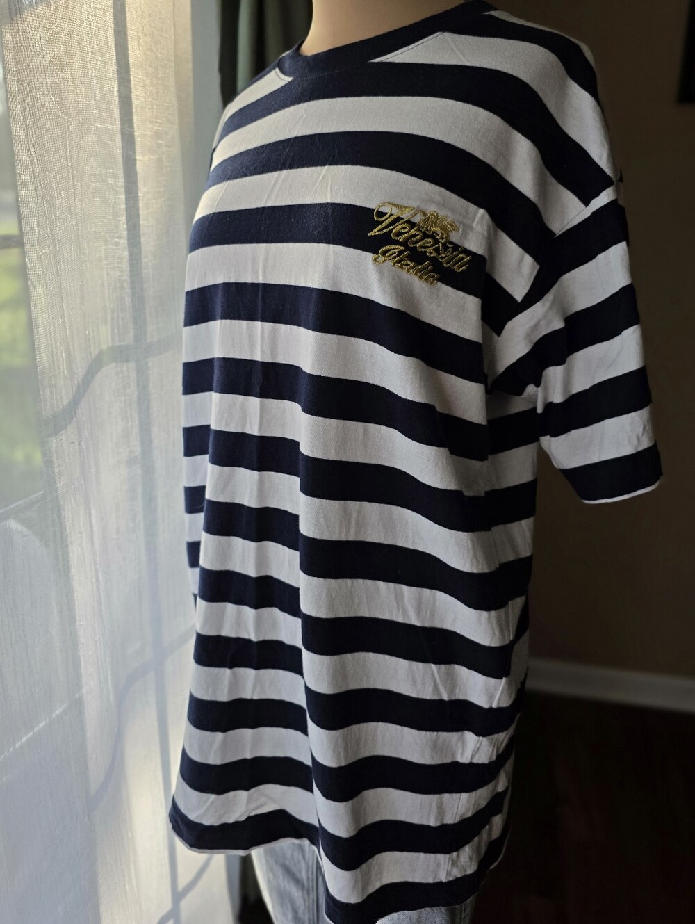 Venezia Italia Vintage Navy Blue White Striped T-Shirt Gold Embroidered Size XL
